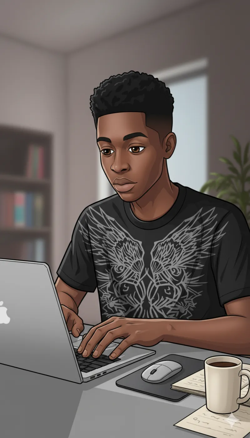Cartoon portrait of Habeeb Abdullahi working on a laptop.