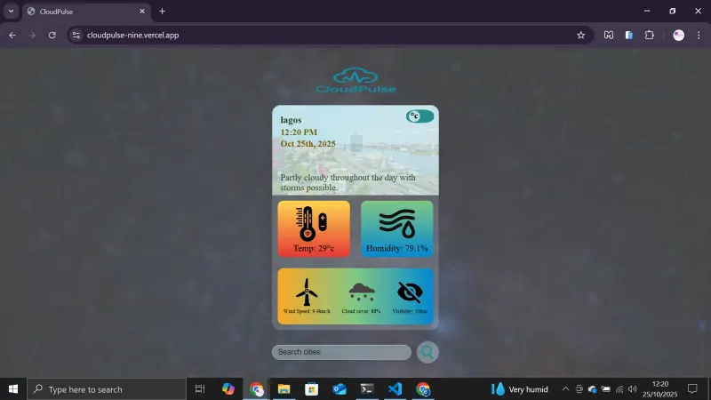 CloudPulse weather app screenshot showing Lagos, Nigeria weather